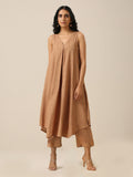 trueBrowns Beige Slub Texture Sleeveless Flared Kurta Pant Set