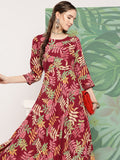 InWeave Women's Red Tropical Print Gota Long Dress