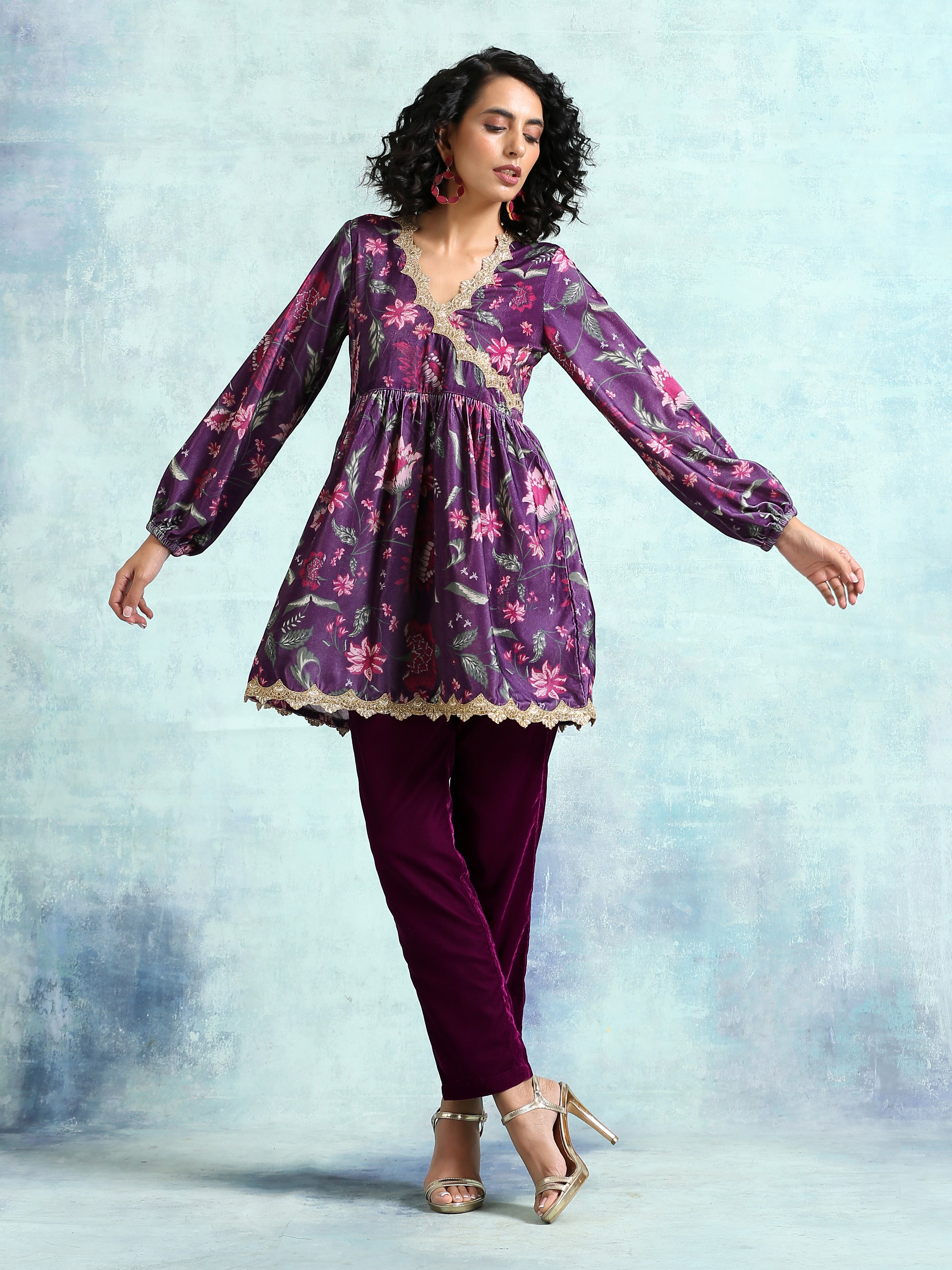 trueBrowns Wine Printed Velvet Lace Co-Ord Set