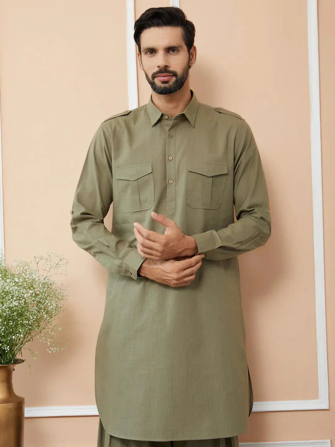 Fabmade Olive Cotton Linen Pathani Kurta With Salwar
