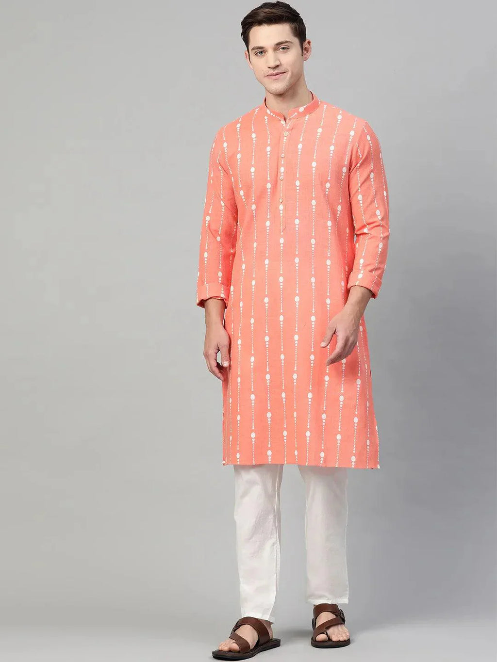 Fabmade Peach & White Printed Straight Kurta Pyjama