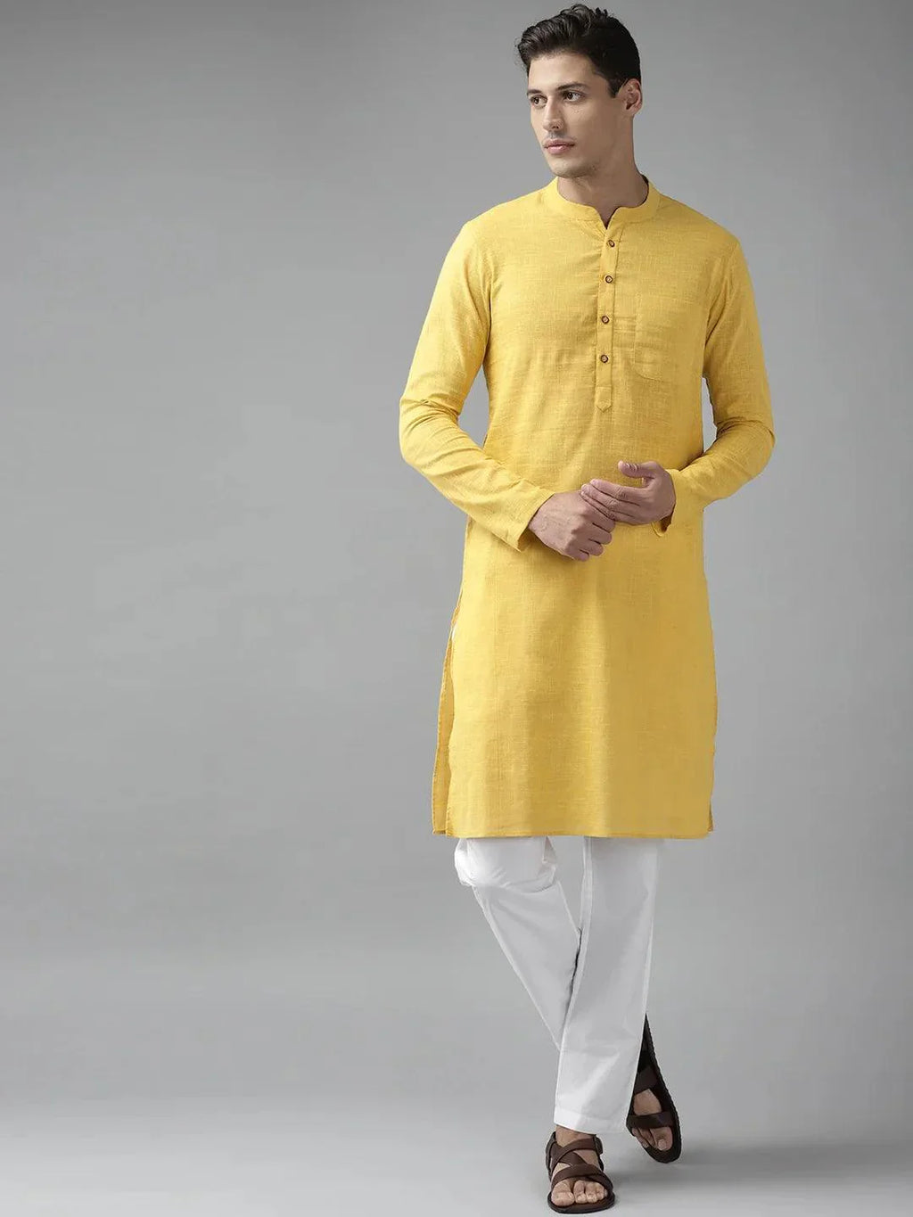 Fabmade Men Yellow Cotton Linen Kurta Pyjama