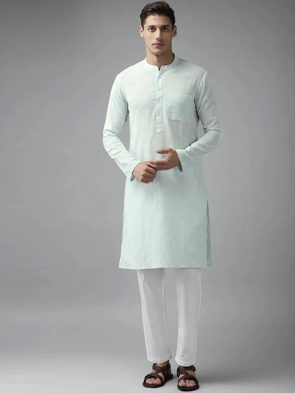 Fabmade Men Sky Blue Cotton Linen Kurta Pyjama