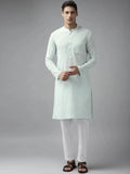 Fabmade Men Sky Blue Cotton Linen Kurta Pyjama