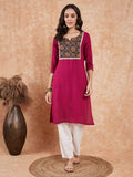 InWeave Women's Wine Printed Neck Patch Work Straight Kurta