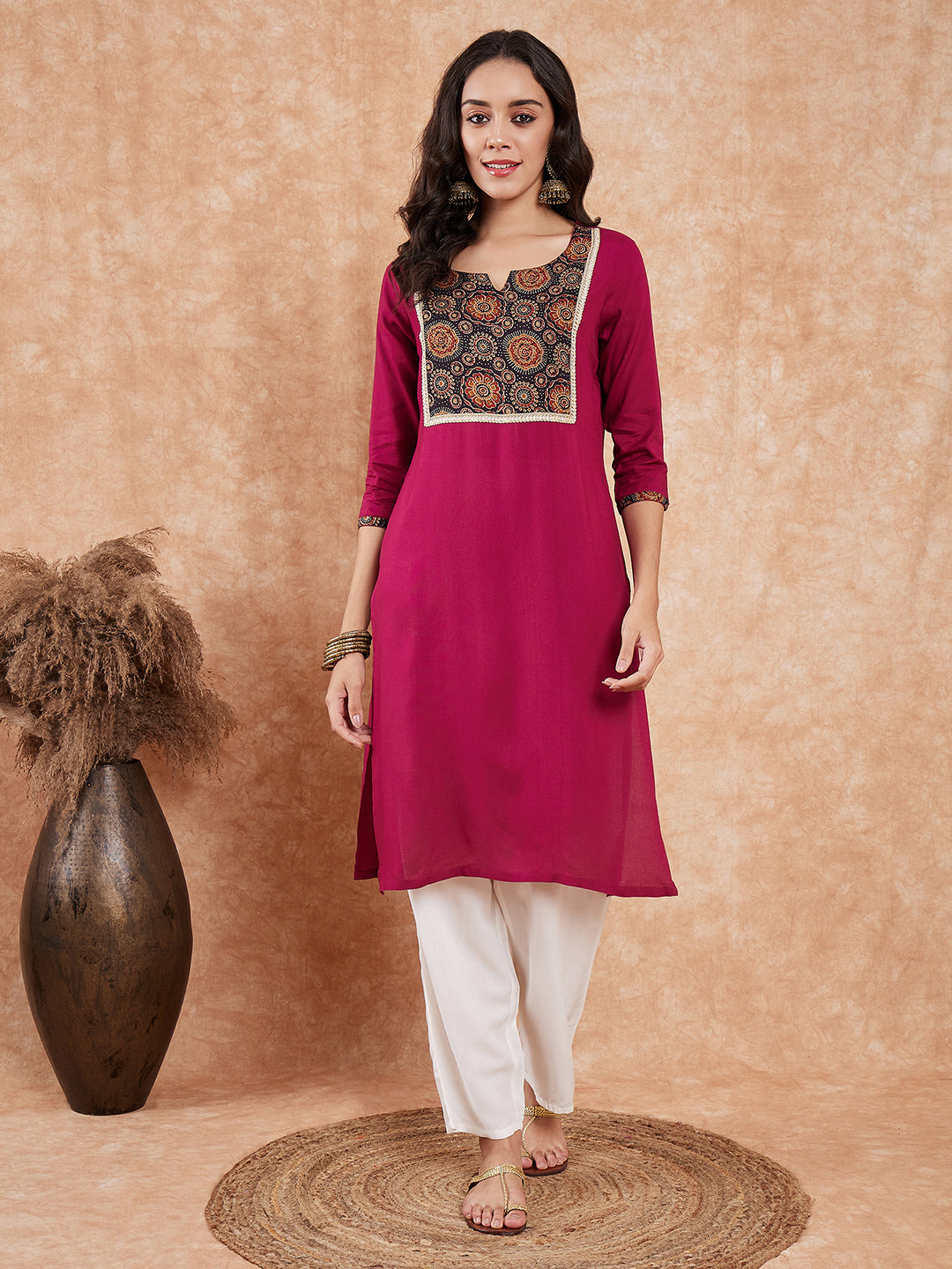 InWeave Women's Wine Printed Neck Patch Work Straight Kurta