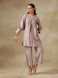 trueBrowns Grey Textured Silk Neck Pleat Co-Ord Set