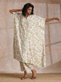 trueBrowns Pink Yellow Floral On White Block Print Cotton Panel Kaftan Kurta Pant Set