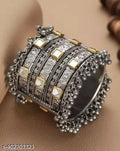 Tehzeeb Creations Women's Silver Colour Oxidised Bangle With Kundan