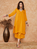 InWeave Women's Mustard Lurex Flared V Neck Kurta Palazzo Set