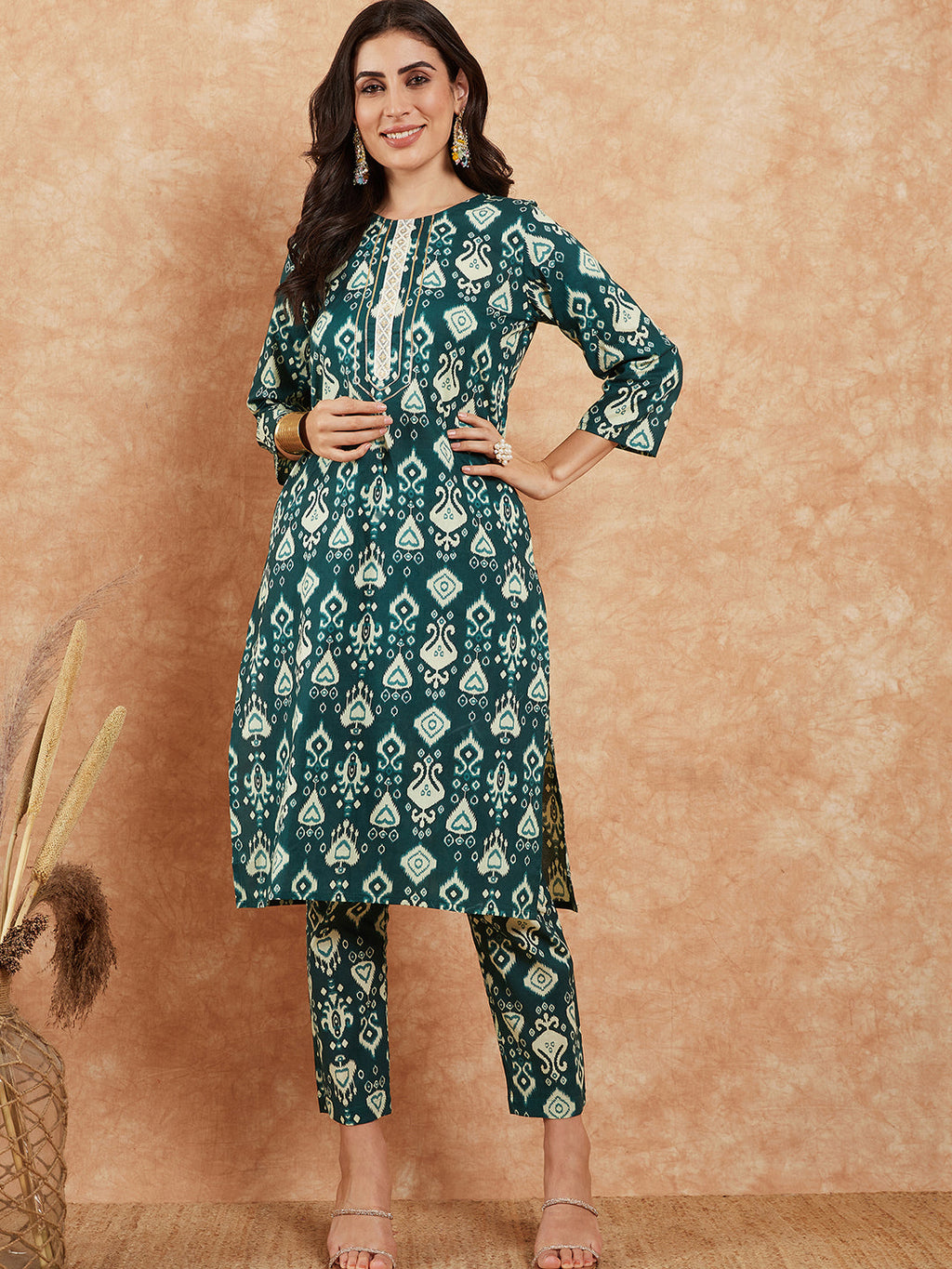 InWeave Women's Peacock Blue Ikkat Print Gota Work Straight Kurta Pant Set