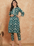 InWeave Women's Peacock Blue Ikkat Print Gota Work Straight Kurta Pant Set