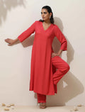 trueBrowns Coral Viscose Solid Kurta Pant Set