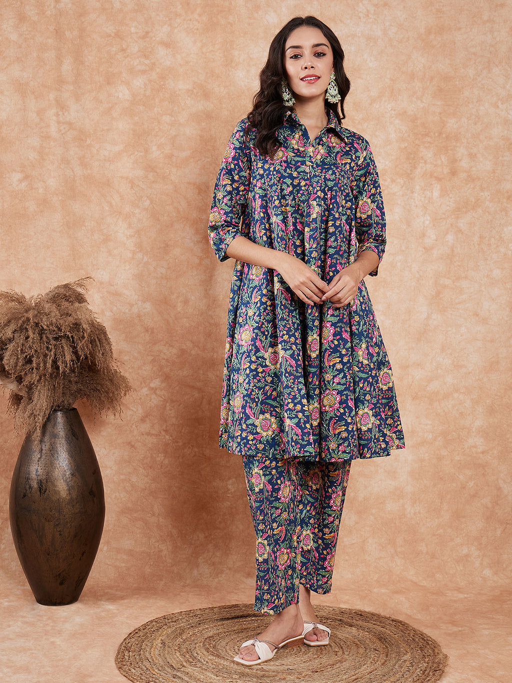 InWeave Women's Blue Green Pink Floral Print Flared Kurta Pant Set