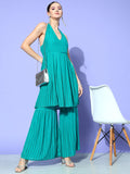 InWeave Women's Teal Lace Work Backless Kurta Sharara Set