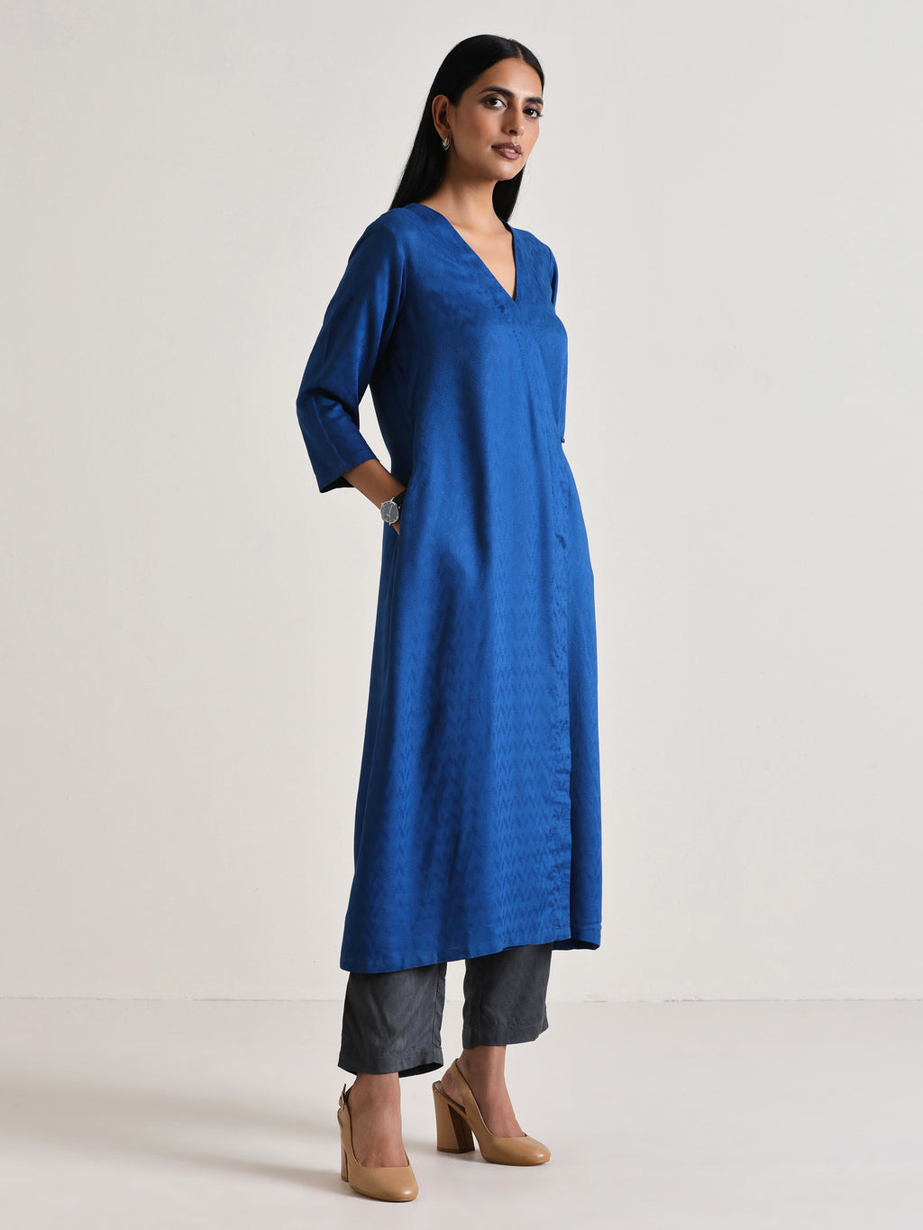 trueBrowns Ink Blue Angrakha Kurta Set