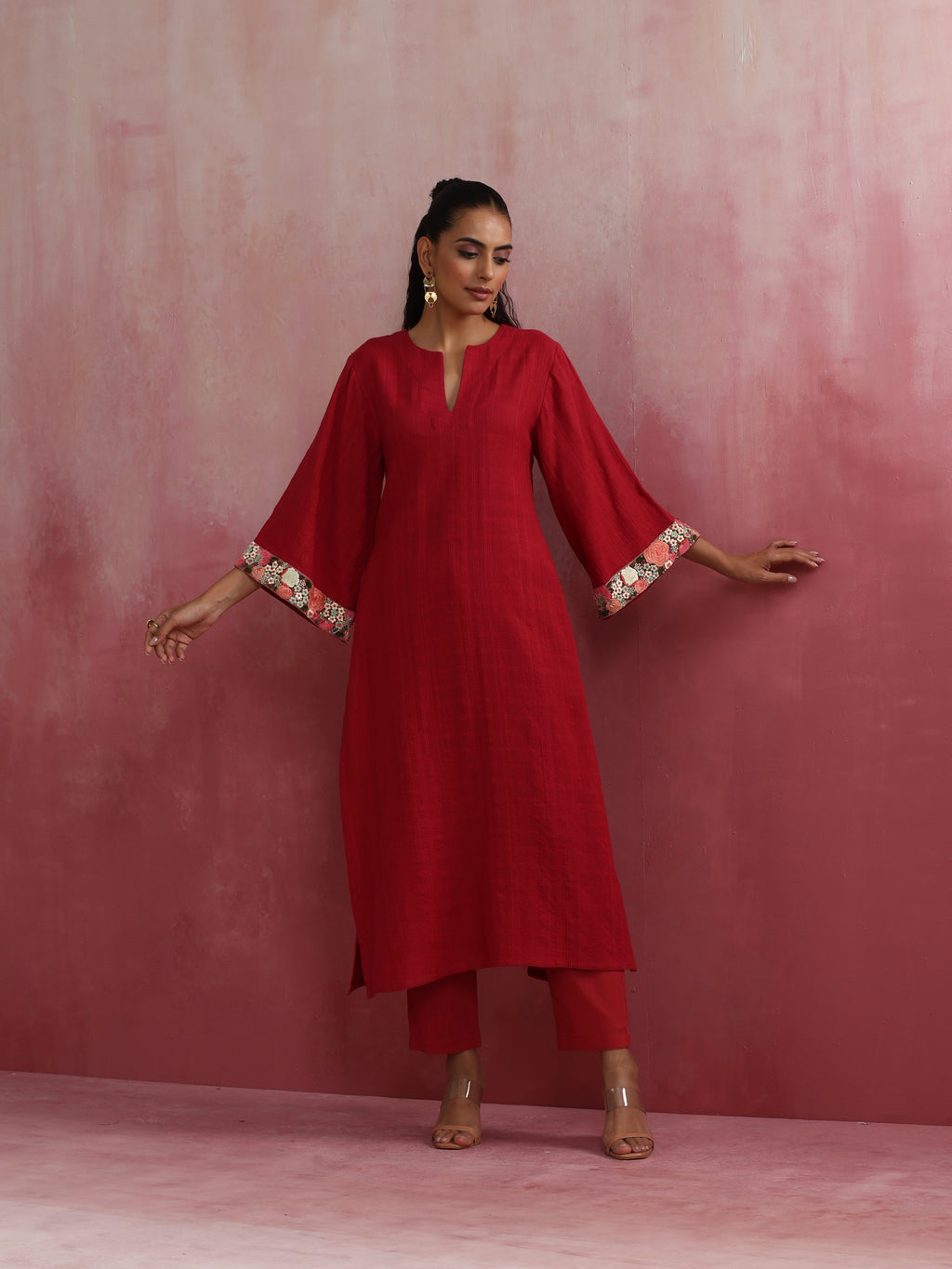 trueBrowns Red Straight Cotton Dobby Kurta Set