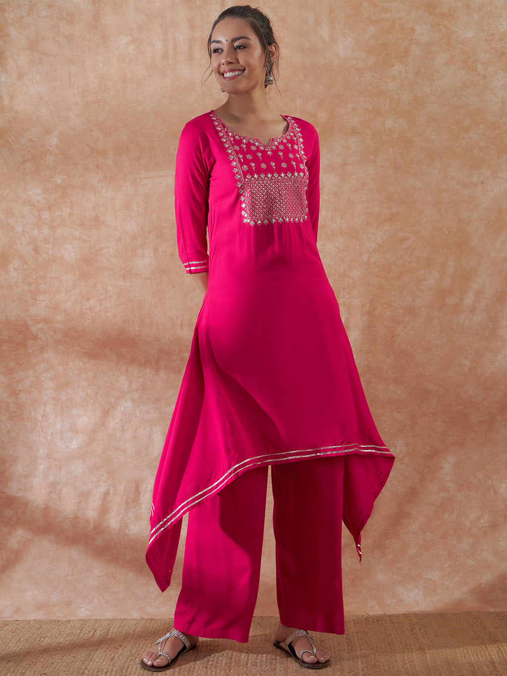 InWeave Women's Magenta Emb Assymetrical Kurta Pant Set