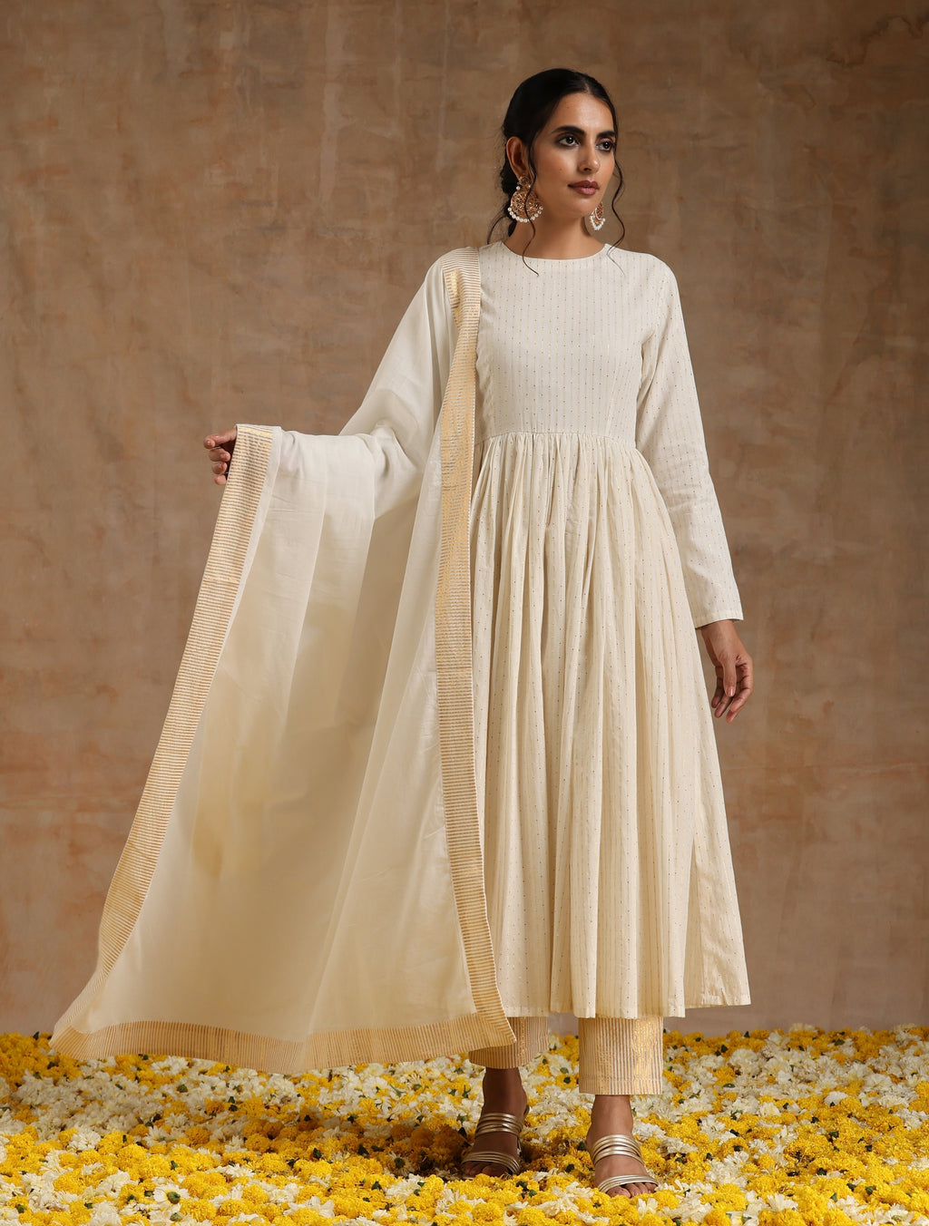 trueBrowns Ivory Gold Cotton Anarkali Set