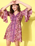 InWeave Women's Fuchsia Floral Prnited Bell Sleeve Short Dress