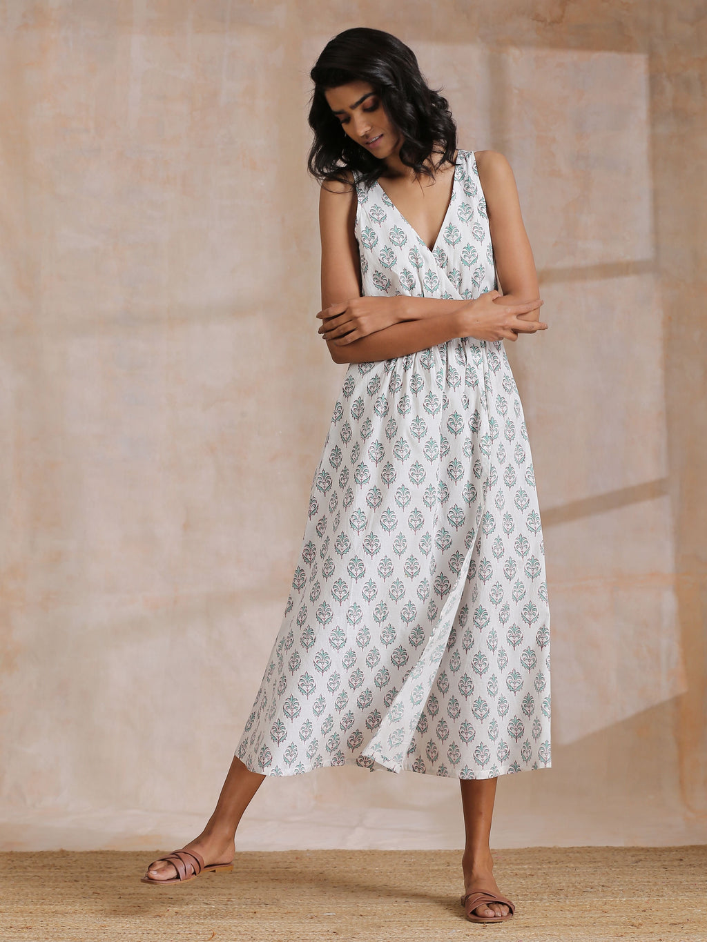 trueBrowns Green Buta On White Block Print Cotton Sleeveless Wrap Dress