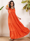 InWeave Orange V Neck Sleeveless Long Tiered Dress