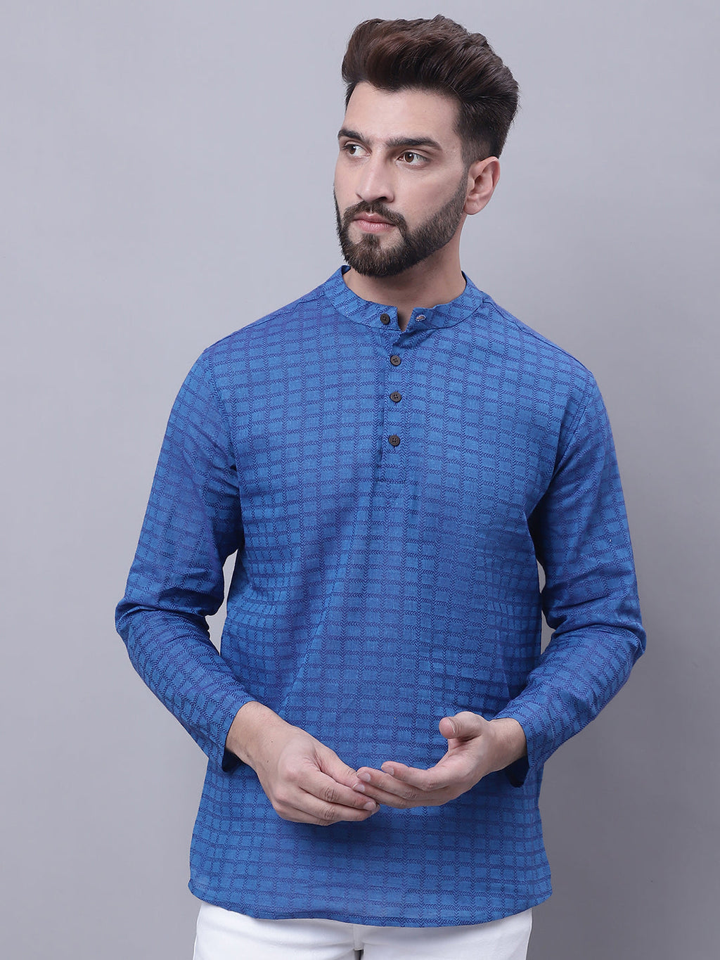 Even Apparels Blue Pure Cotton Short Kurta With Band Collar