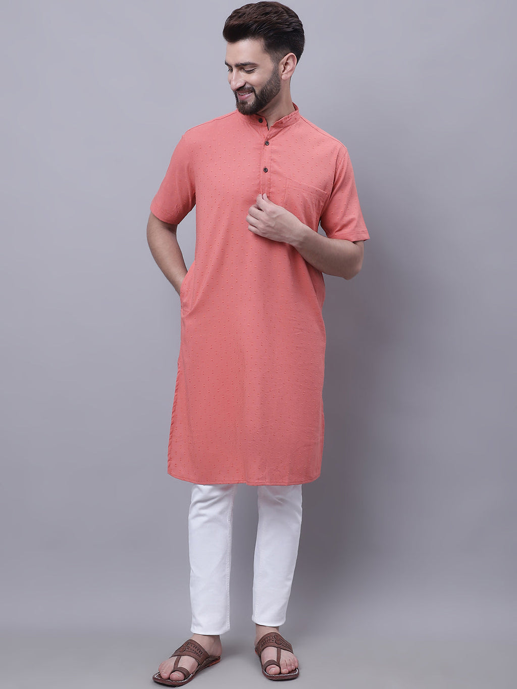 Even Apparels Peach Pure Cotton Short Sleeves Kurta With Band Collar