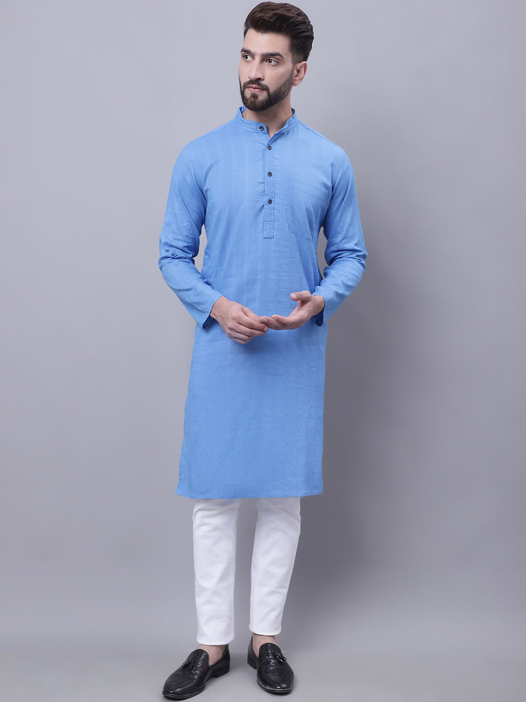 Even Apparels Blue Pure Cotton Kurta With Band Collar