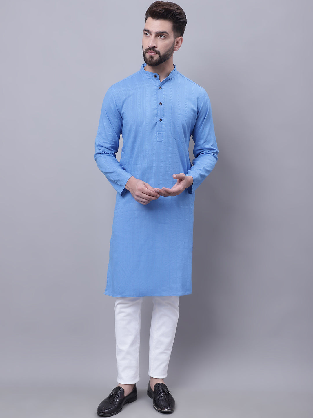 Even Apparels Blue Pure Cotton Kurta With Band Collar