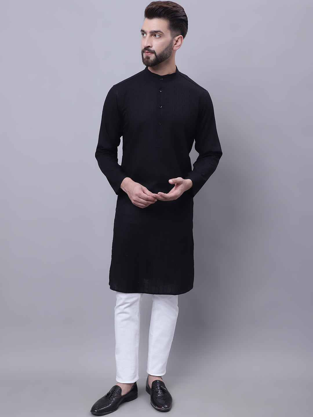 Even Apparels Black Pure Cotton Kurta With Band Collar