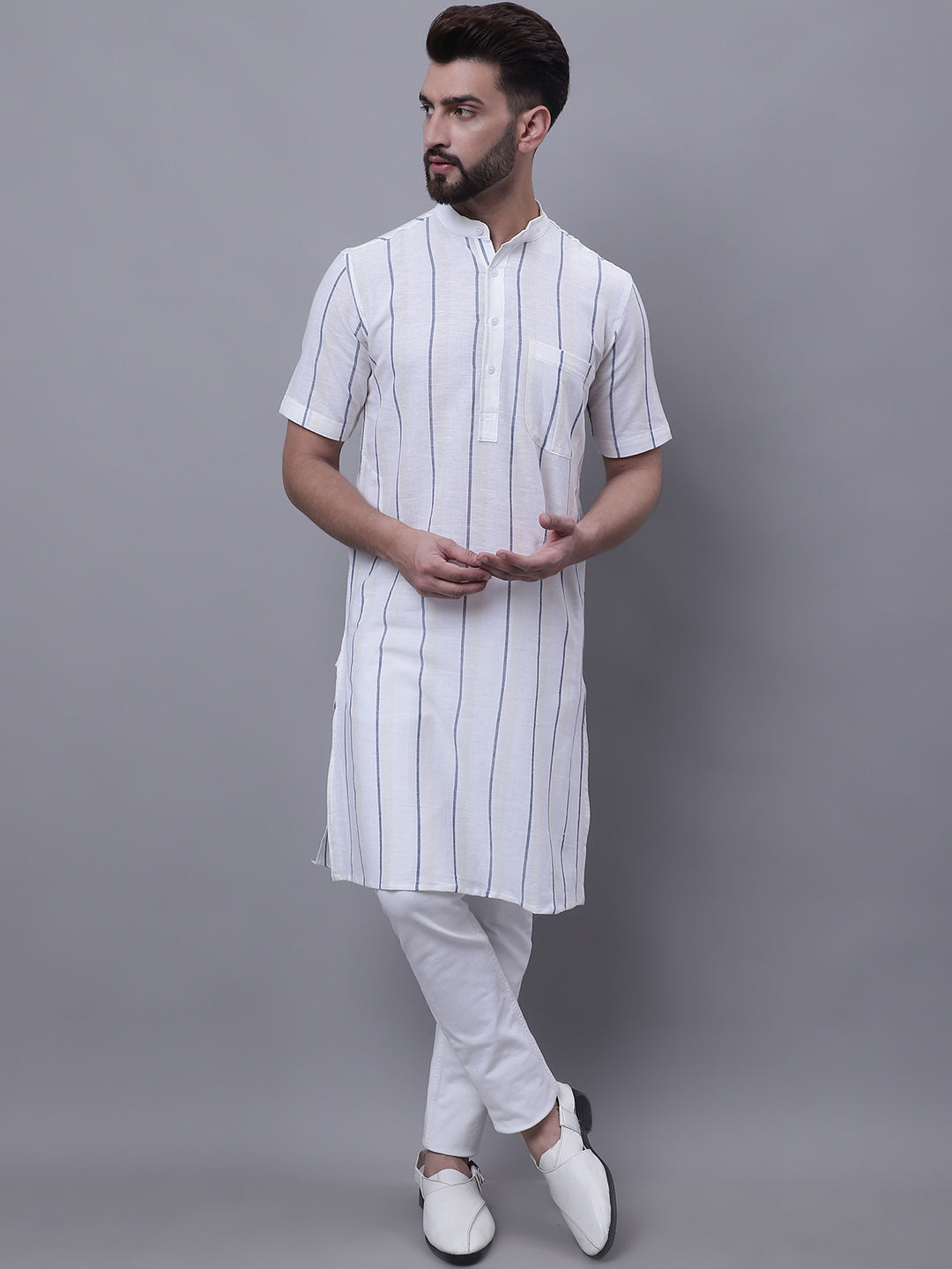 Even Apparels Cream Pure Cotton Short Sleeves Kurta With Band Collar