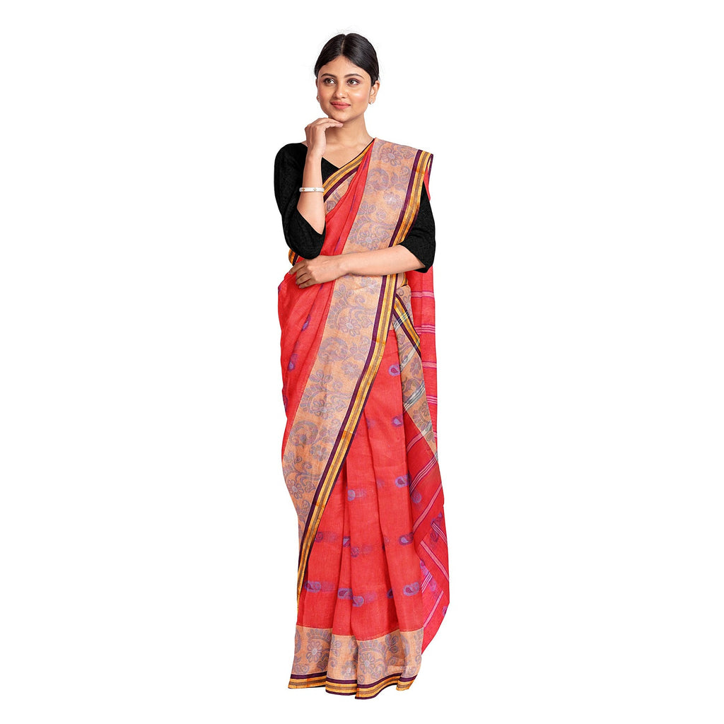 Exclusive Collection 100% Pure Cotton Red Tant Saree With Hand Weaving Work