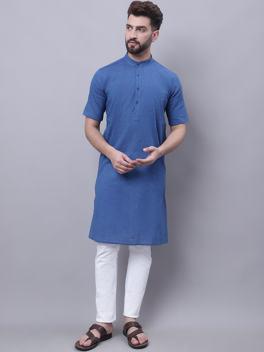 Even Apparels Blue Pure Cotton Short Sleeves Kurta With Band Collar
