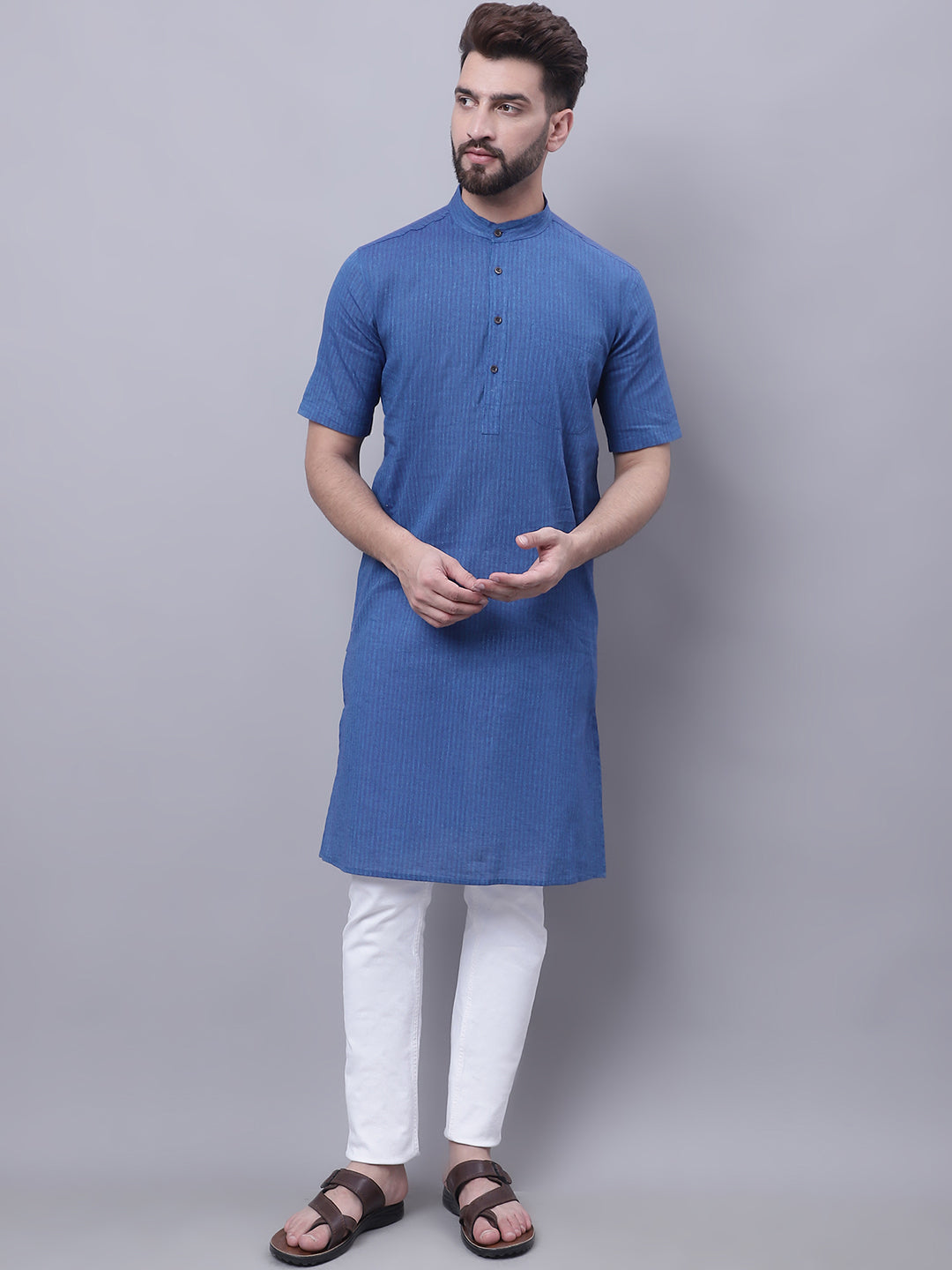 Even Apparels Blue Pure Cotton Short Sleeves Kurta With Band Collar