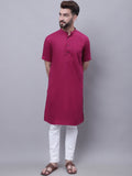 Even Apparels Maroon Pure Cotton Short Sleeves Kurta With Band Collar