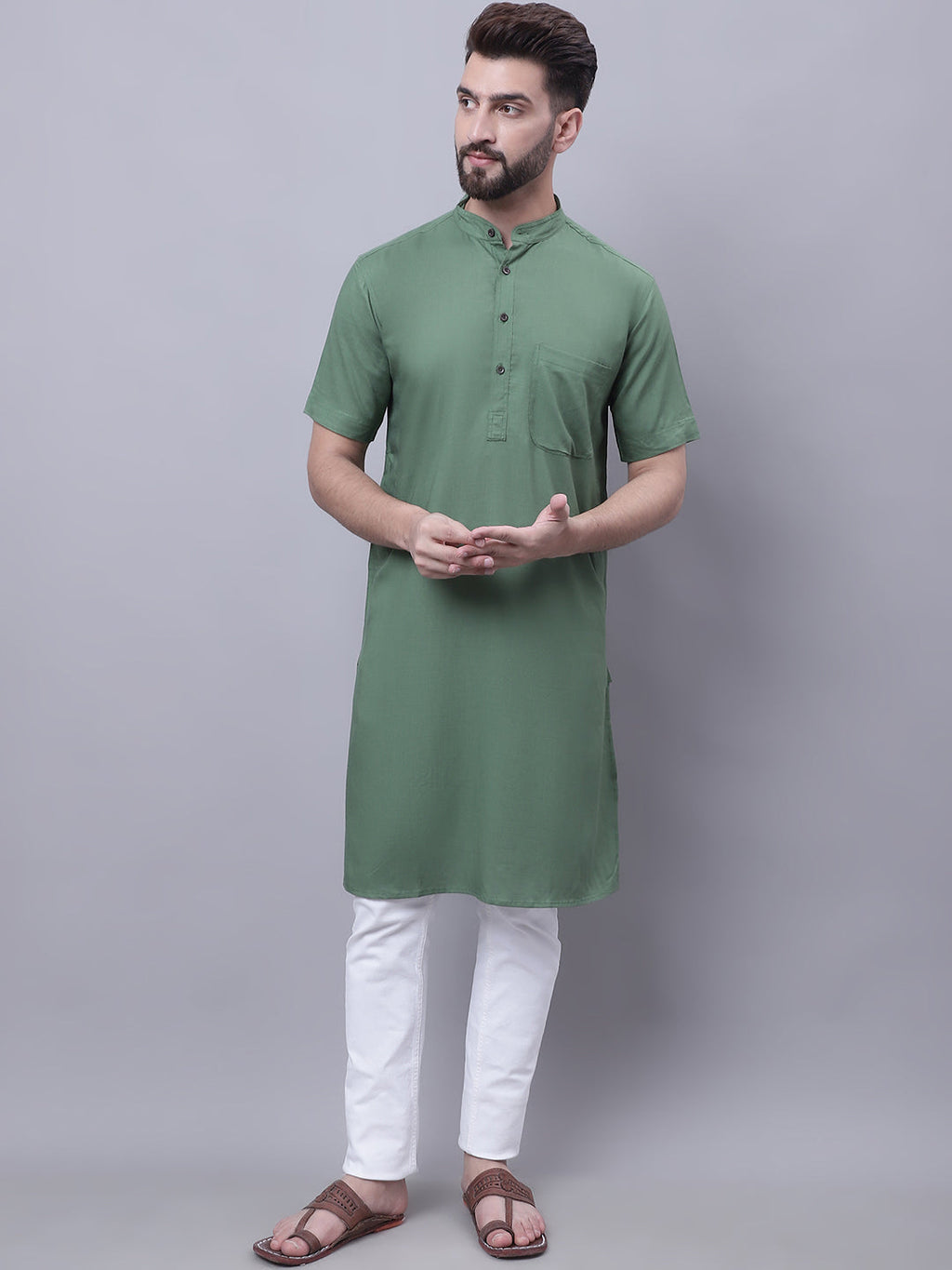 Even Apparels Green Pure Cotton Short Sleeves Kurta With Band Collar