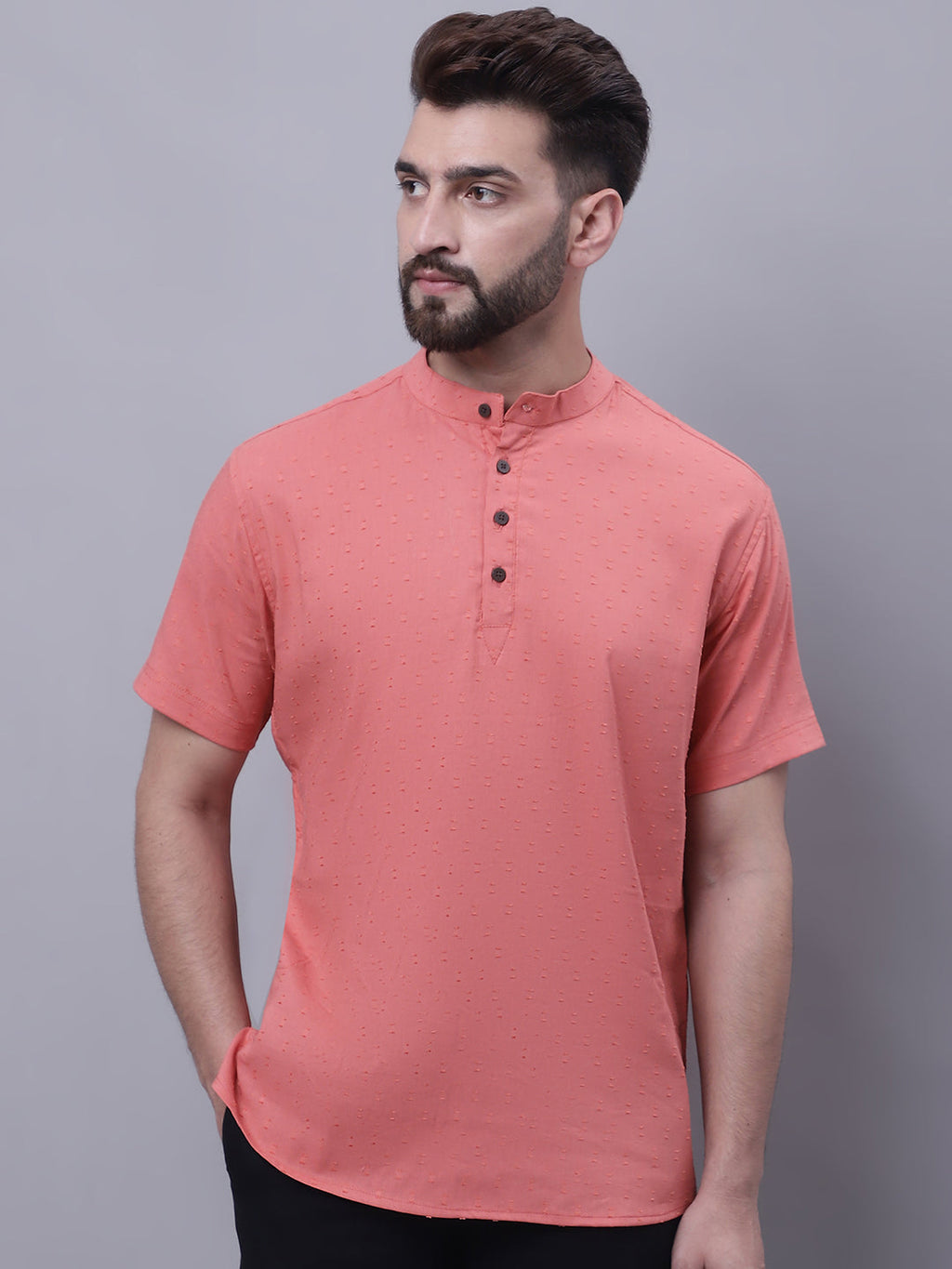 Even Apparels Peach Pure Cotton Short Sleeves Kurta With Band Collar
