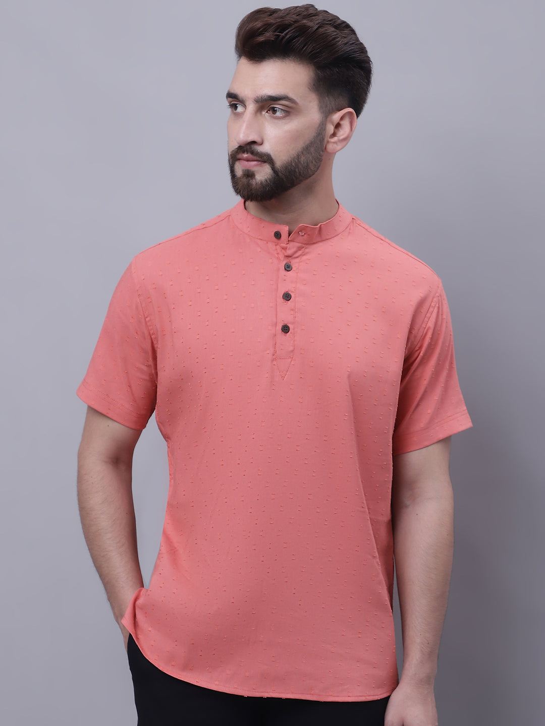 Even Apparels Peach Pure Cotton Short Sleeves Kurta With Band Collar
