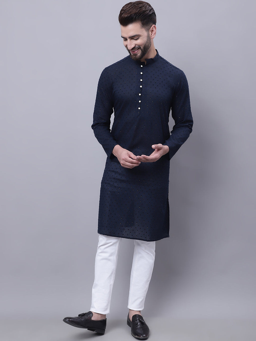 Even Apparels Blue Pure Cotton Kurta With Band Collar