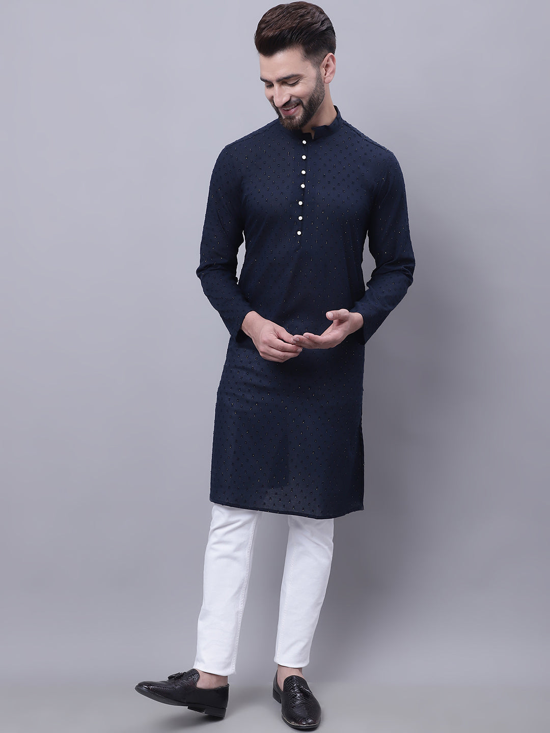 Even Apparels Blue Pure Cotton Kurta With Band Collar