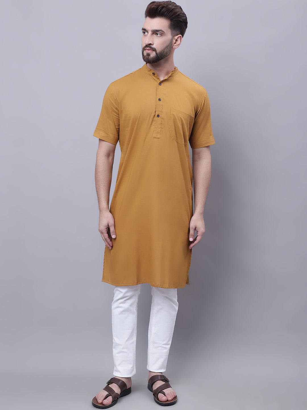 Even Apparels Mustard Pure Cotton Short Sleeves Kurta With Band Collar