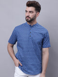 Even Apparels Blue Pure Cotton Short Kurta With Band Collar
