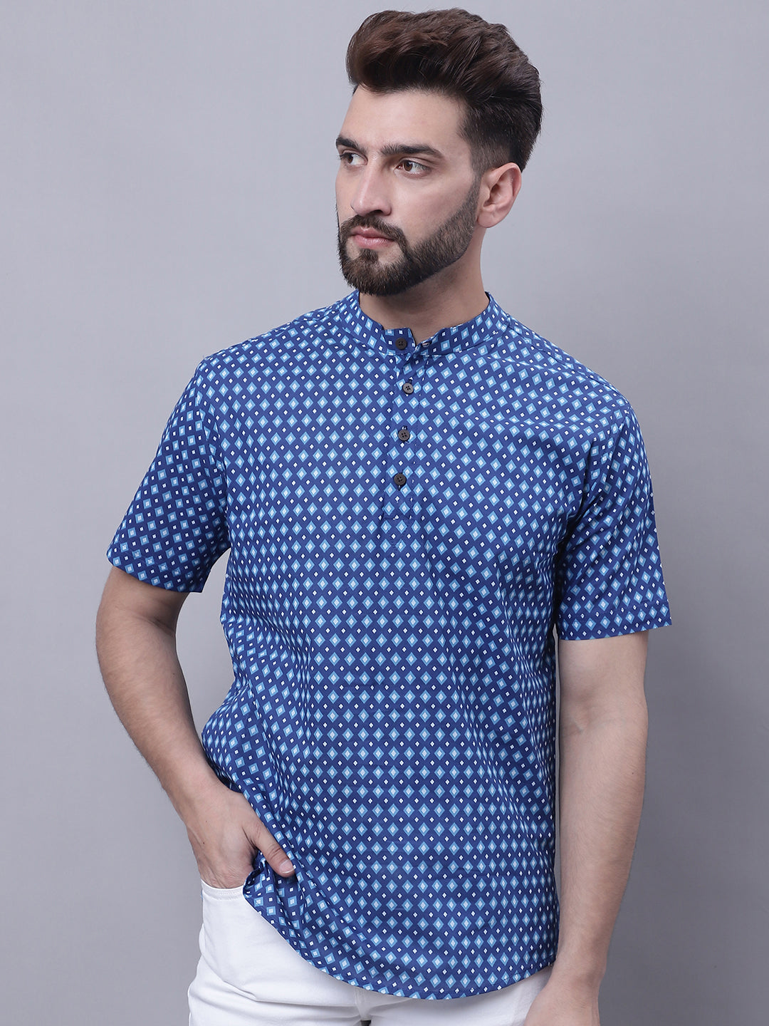 Even Apparels Blue Pure Cotton Short Kurta With Band Collar