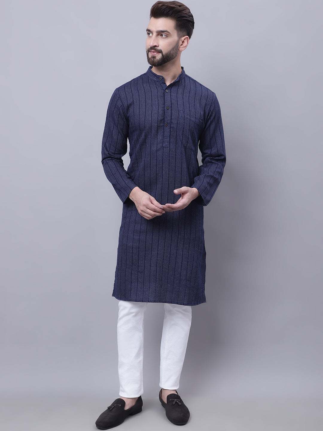 Even Apparels Blue Pure Cotton Kurta With Band Collar