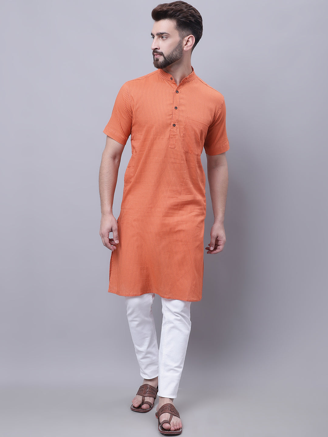 Even Apparels Rust Pure Cotton Short Sleeves Kurta With Band Collar