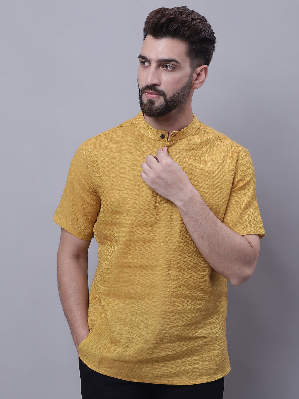 Even Apparels Yellow Pure Cotton Short Sleeves Kurta With Band Collar