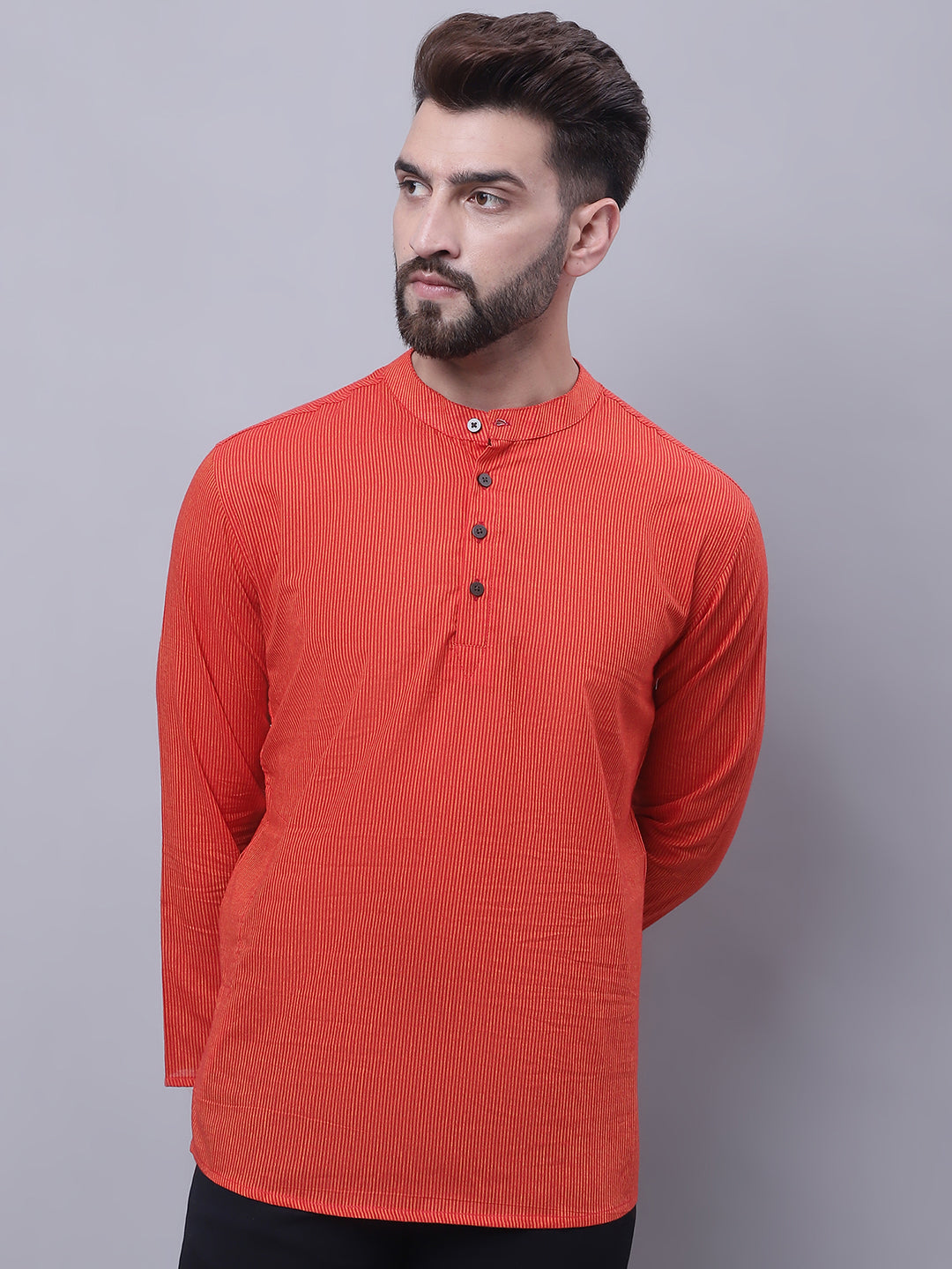 Even Apparels Orange Pure Cotton Short Kurta With Band Collar