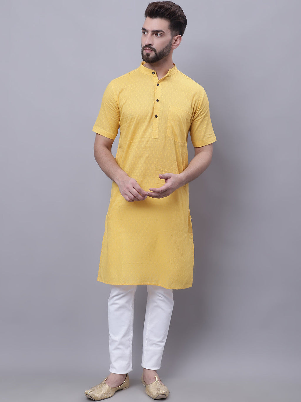 Even Apparels Yellow Pure Cotton Short Sleeves Kurta With Band Collar