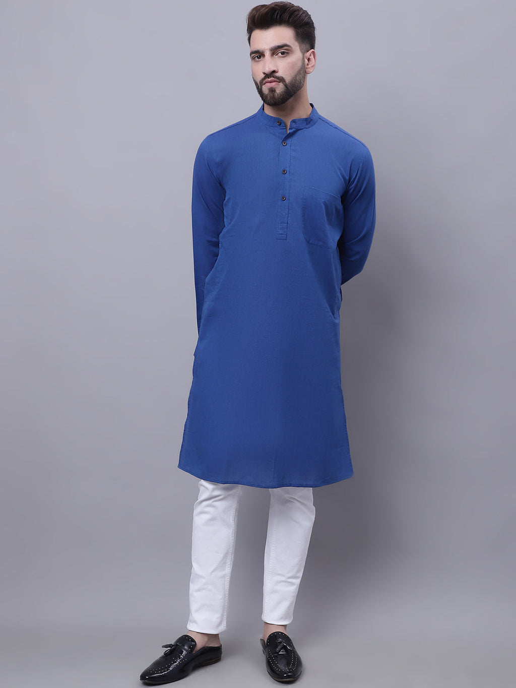 Even Apparels Blue Pure Cotton Kurta With Band Collar